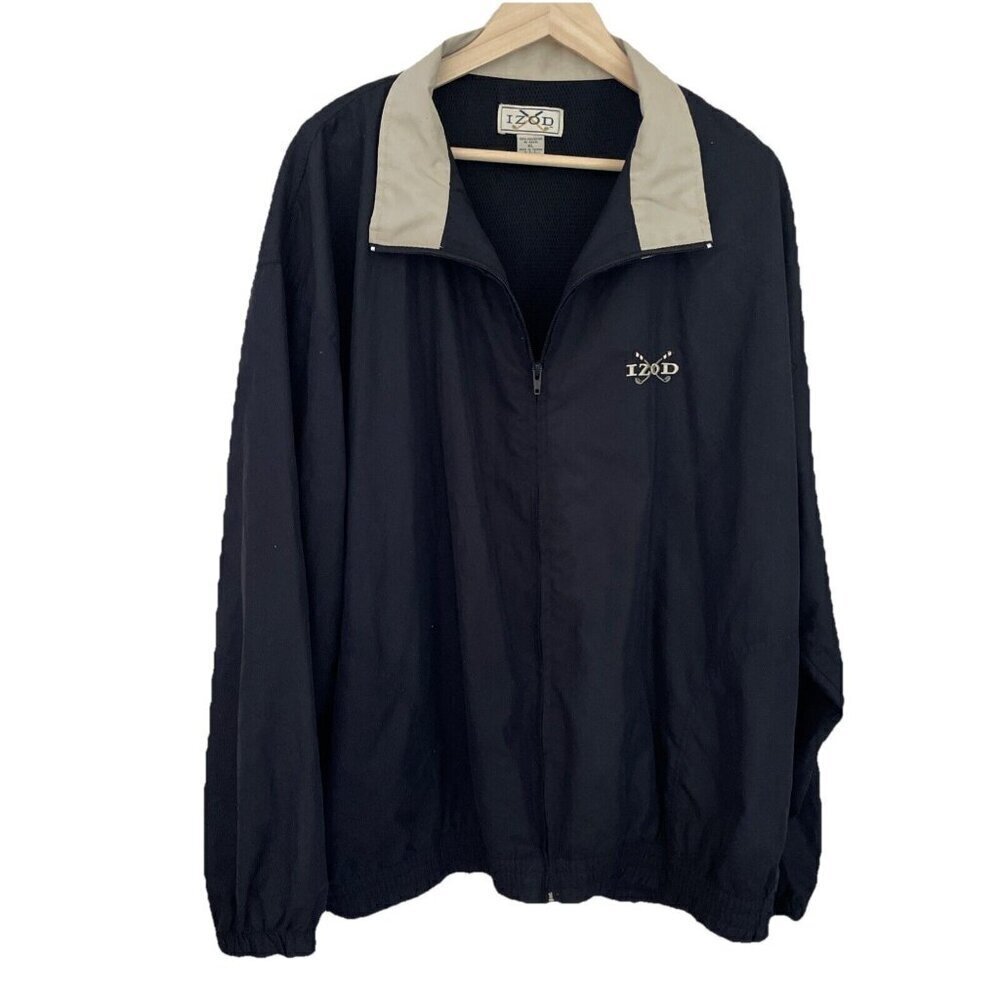 VINTAGE Izod Golf Jacket Windbreaker Men's XL Black 90s Full Zip Embroidered